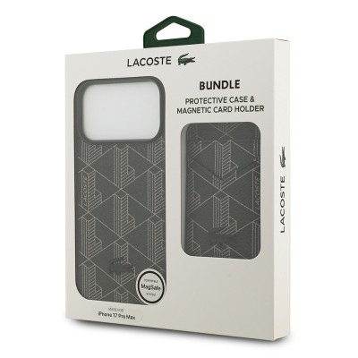 Apple iPhone 17 Pro Max Kılıf Lacoste Orjinal Lisanslı M-safe Şarj Özellikli PU Deri Tasarımlı Kartlıklı Karışık Monogram Desenli Kapak - 24