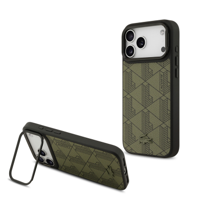 Apple iPhone 17 Pro Max Kılıf Lacoste Orjinal Lisanslı M-safe Şarj Özellikli Standlı PU Deri Karışık Monogram Desenli Kapak - Lacoste