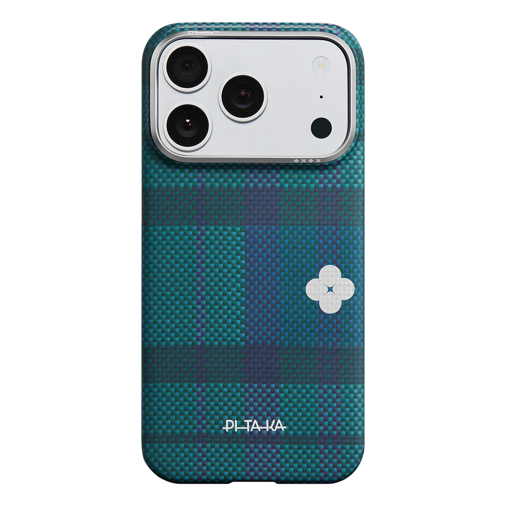 Apple iPhone 17 Pro Max Kılıf M-safe Şarj Özellikli Aramid Fiber Pitaka Flora in Grid Serisi Kapak - Mavi