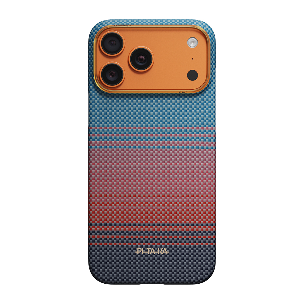 Apple iPhone 17 Pro Max Kılıf M-safe Şarj Özellikli Aramid Fiber Pitaka Sunset 2.0 California Dream Serisi Kapak - Mavi-Kırmızı