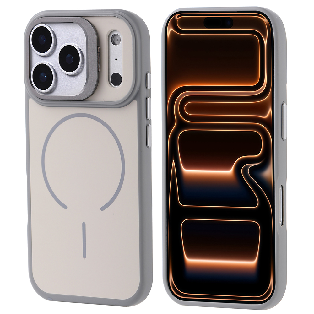 iPhone 17 Pro Max Kılıf M-safe Şarj Özellikli Kamera Standlı Zore Notron Kapak - Gri
