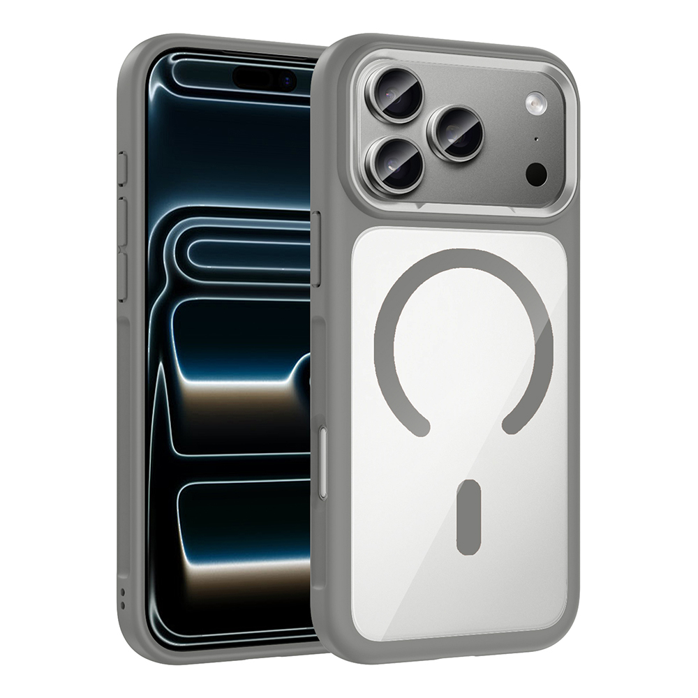 iPhone 17 Pro Max Kılıf M-Safe Şarj Özellikli Metal Kamera Çerçeveli Zore Tiko Kapak - Gri