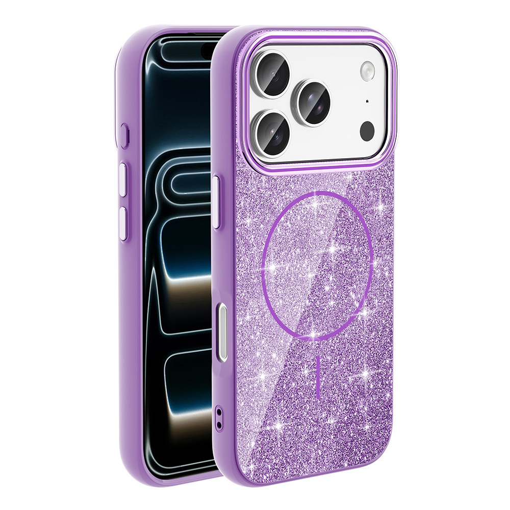 Apple iPhone 17 Pro Max Kılıf M-safe Şarj Özellikli Parlayan Simli Zore Okso Kapak - Derin Mor