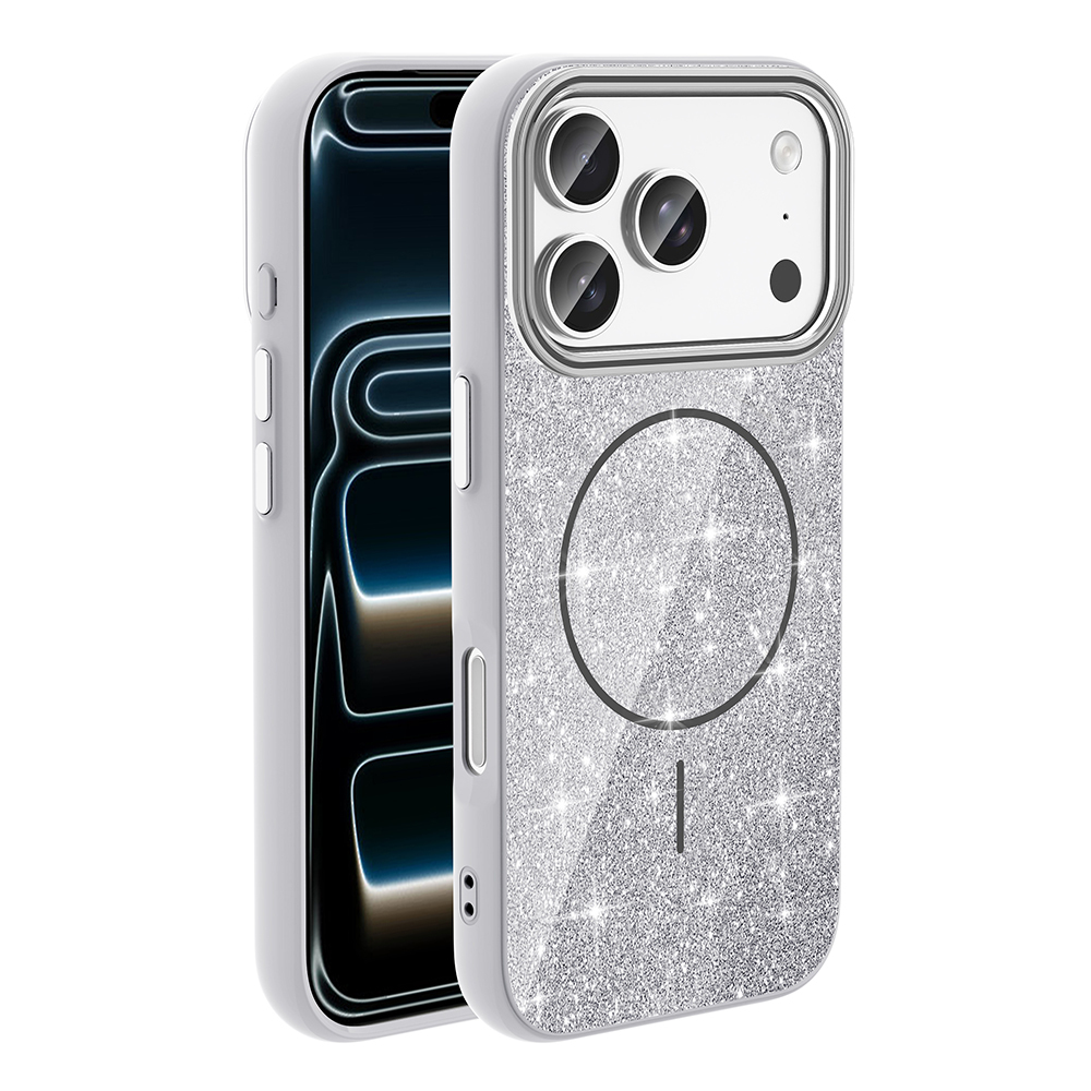 Apple iPhone 17 Pro Max Kılıf M-safe Şarj Özellikli Parlayan Simli Zore Okso Kapak - Beyaz