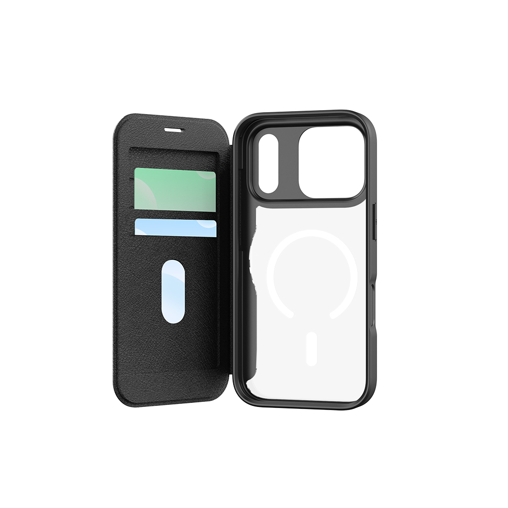 Apple iPhone 17 Pro Max Kılıf M-Safe Şarj Özellikli Raptic Air Folio Şeffaf Kartlıklı Kapaklı Kılıf - Siyah