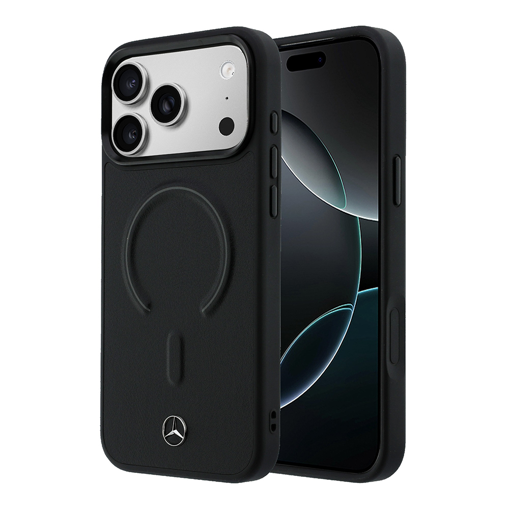 Apple iPhone 17 Pro Max Kılıf Mercedes Benz Orjinal Lisanslı M-safe Şarj Özellikli Metal Yıldız Logolu Kabartmalı Deri Kapak - Siyah