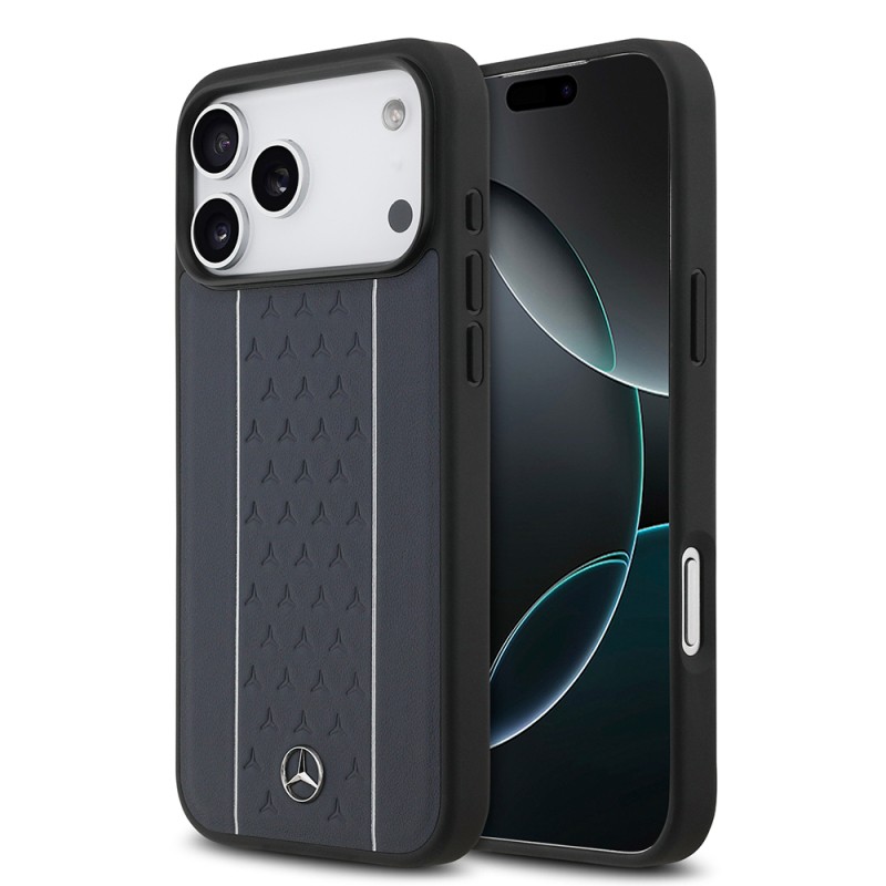 Apple iPhone 17 Pro Max Kılıf Mercedes Benz Orjinal Lisanslı M-safe Şarj Özellikli Şeritli Yıldız Desenli Metal Logolu Deri Kapak - 1