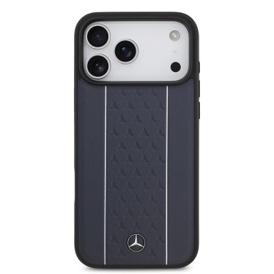 Apple iPhone 17 Pro Max Kılıf Mercedes Benz Orjinal Lisanslı M-safe Şarj Özellikli Şeritli Yıldız Desenli Metal Logolu Deri Kapak - 5