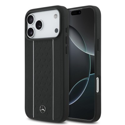 Apple iPhone 17 Pro Max Kılıf Mercedes Benz Orjinal Lisanslı M-safe Şarj Özellikli Şeritli Yıldız Desenli Metal Logolu Deri Kapak Siyah
