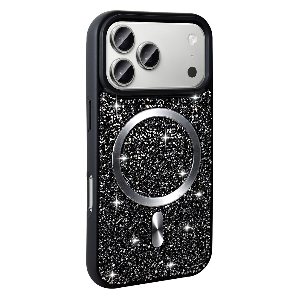 iPhone 17 Pro Max Kılıf Pırlanta Tasarımlı M-safe Şarj Özellikli Zore Mozaik Silikon Kapak - Siyah