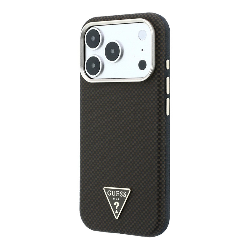 Apple iPhone 18 Pro Case Guess Original Licensed M-safe Charging Enabled PU Metal Triangle Logo Carbon Fiber Kevlar Cover - 4