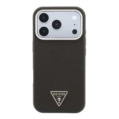 Apple iPhone 18 Pro Case Guess Original Licensed M-safe Charging Enabled PU Metal Triangle Logo Carbon Fiber Kevlar Cover - 5