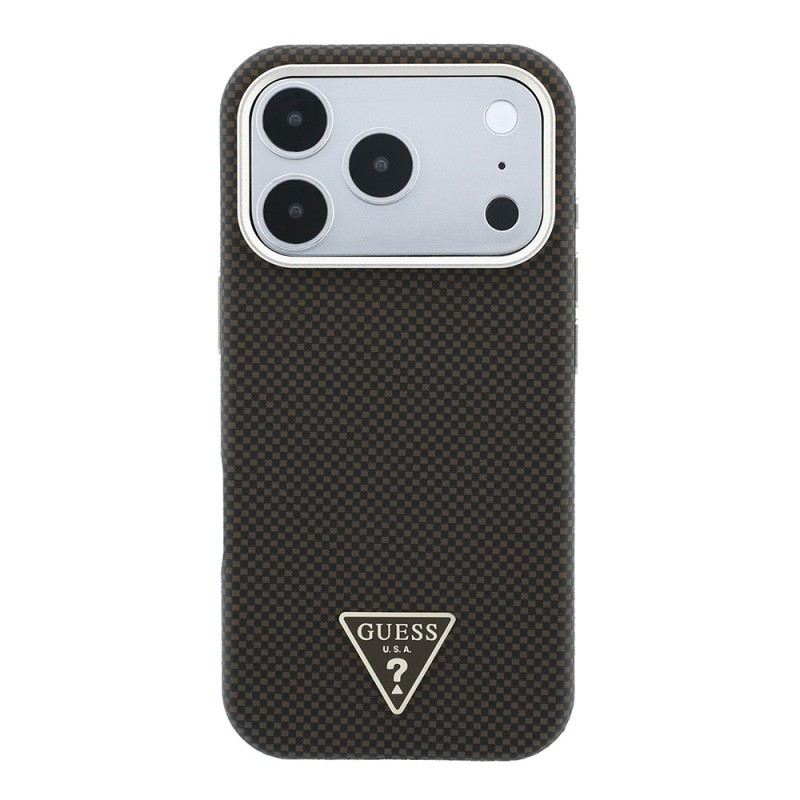 Apple iPhone 18 Pro Case Guess Original Licensed M-safe Charging Enabled PU Metal Triangle Logo Carbon Fiber Kevlar Cover - 5