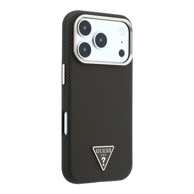 Apple iPhone 18 Pro Case Guess Original Licensed M-safe Charging Enabled PU Metal Triangle Logo Carbon Fiber Kevlar Cover - 6