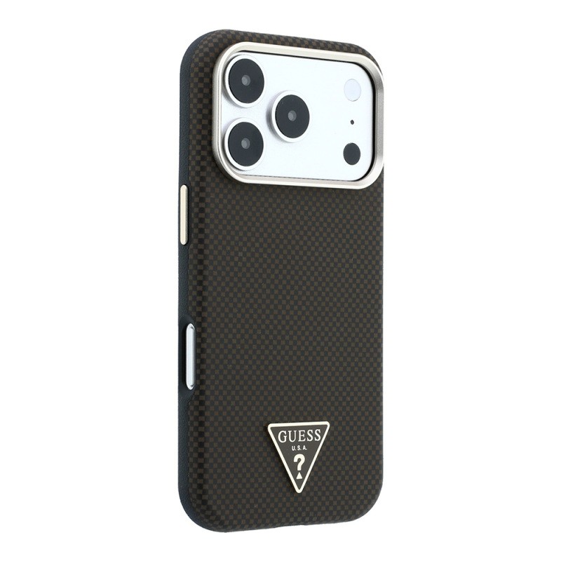Apple iPhone 18 Pro Case Guess Original Licensed M-safe Charging Enabled PU Metal Triangle Logo Carbon Fiber Kevlar Cover - 6
