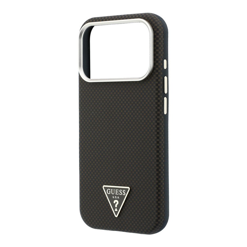 Apple iPhone 18 Pro Case Guess Original Licensed M-safe Charging Enabled PU Metal Triangle Logo Carbon Fiber Kevlar Cover - 8