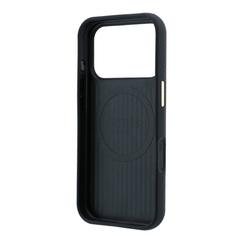 Apple iPhone 18 Pro Case Guess Original Licensed M-safe Charging Enabled PU Metal Triangle Logo Carbon Fiber Kevlar Cover - 9