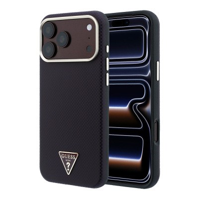 Apple iPhone 18 Pro Case Guess Original Licensed M-safe Charging Enabled PU Metal Triangle Logo Carbon Fiber Kevlar Cover - 2