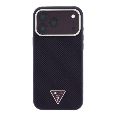 Apple iPhone 18 Pro Case Guess Original Licensed M-safe Charging Enabled PU Metal Triangle Logo Carbon Fiber Kevlar Cover - 12