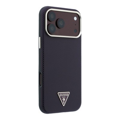 Apple iPhone 18 Pro Case Guess Original Licensed M-safe Charging Enabled PU Metal Triangle Logo Carbon Fiber Kevlar Cover - 13