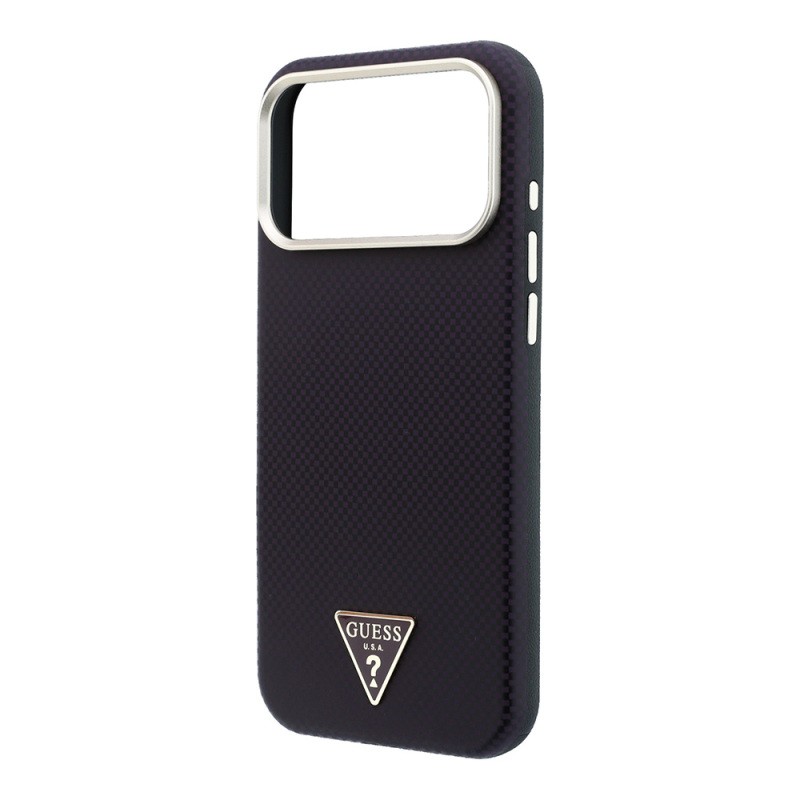 Apple iPhone 18 Pro Case Guess Original Licensed M-safe Charging Enabled PU Metal Triangle Logo Carbon Fiber Kevlar Cover - 15