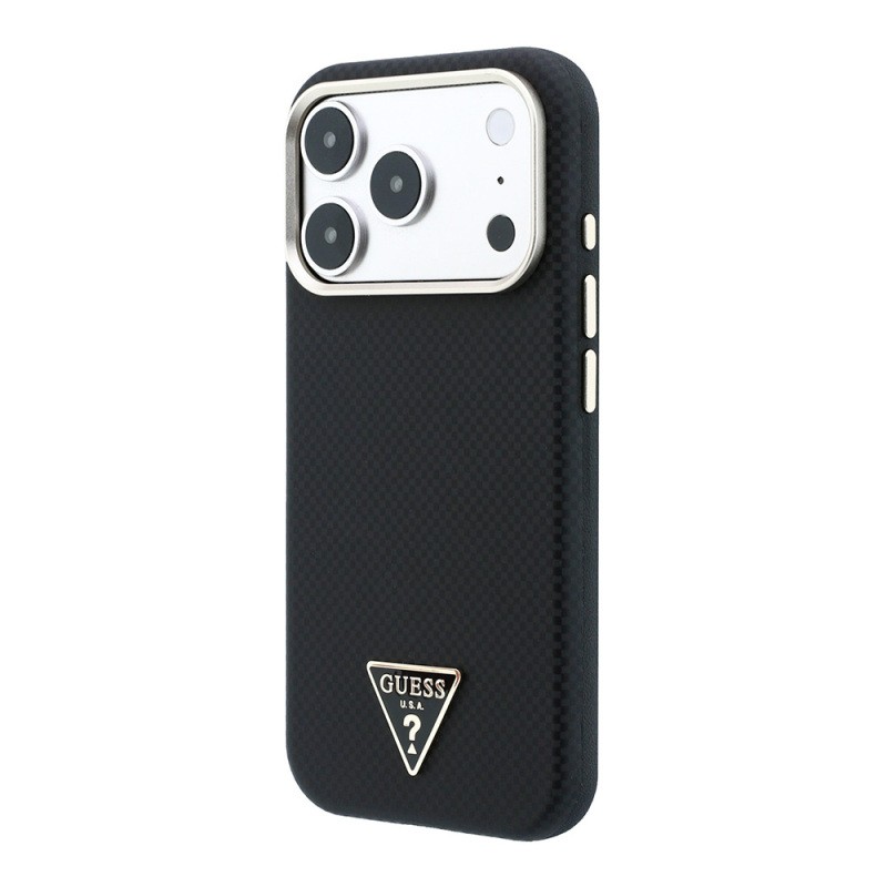 Apple iPhone 18 Pro Case Guess Original Licensed M-safe Charging Enabled PU Metal Triangle Logo Carbon Fiber Kevlar Cover - 18