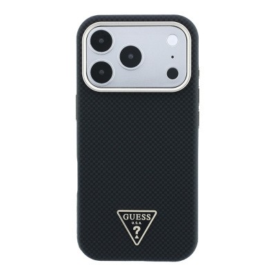 Apple iPhone 18 Pro Case Guess Original Licensed M-safe Charging Enabled PU Metal Triangle Logo Carbon Fiber Kevlar Cover - 19