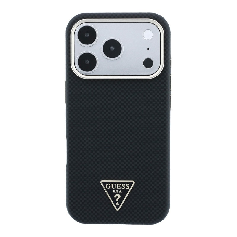 Apple iPhone 18 Pro Case Guess Original Licensed M-safe Charging Enabled PU Metal Triangle Logo Carbon Fiber Kevlar Cover - 19