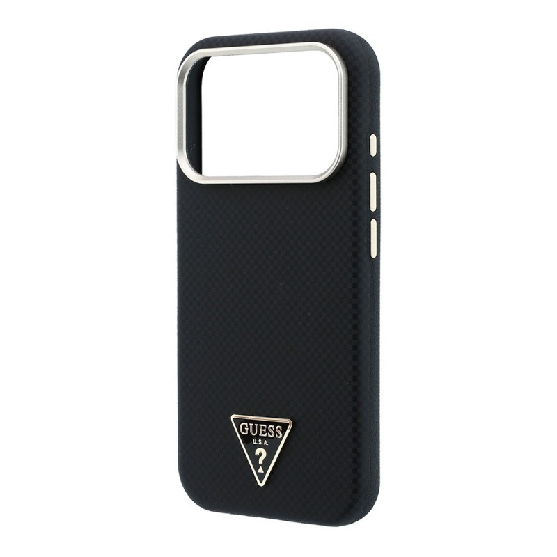 Apple iPhone 18 Pro Case Guess Original Licensed M-safe Charging Enabled PU Metal Triangle Logo Carbon Fiber Kevlar Cover - 22