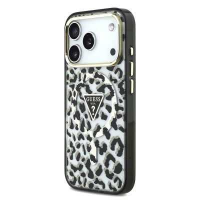 Apple iPhone 18 Pro Case Guess Original Licensed M-safe Charging Enabled Triangle Logo Glitter Leopard Pattern Cover - 5