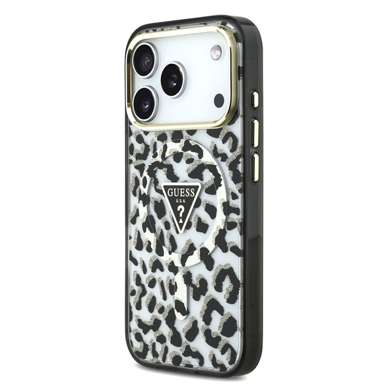 Apple iPhone 18 Pro Case Guess Original Licensed M-safe Charging Enabled Triangle Logo Glitter Leopard Pattern Cover - 5