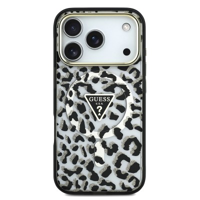 Apple iPhone 18 Pro Case Guess Original Licensed M-safe Charging Enabled Triangle Logo Glitter Leopard Pattern Cover - 6