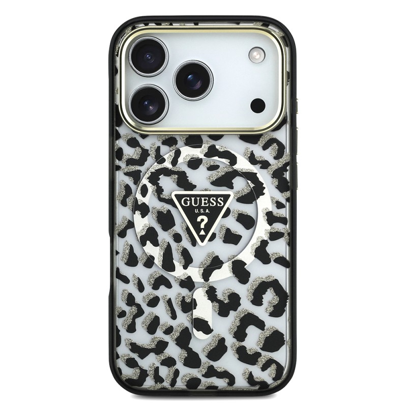 Apple iPhone 18 Pro Case Guess Original Licensed M-safe Charging Enabled Triangle Logo Glitter Leopard Pattern Cover - 6