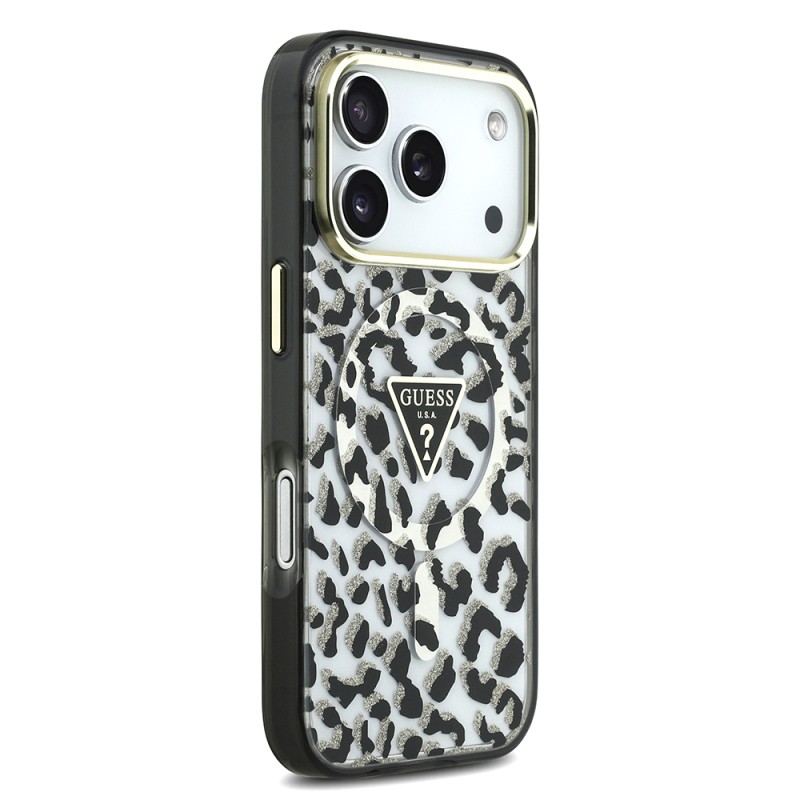 Apple iPhone 18 Pro Case Guess Original Licensed M-safe Charging Enabled Triangle Logo Glitter Leopard Pattern Cover - 7