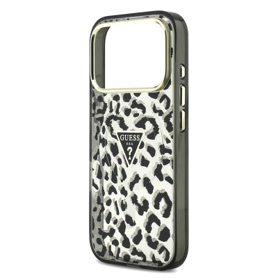 Apple iPhone 18 Pro Case Guess Original Licensed M-safe Charging Enabled Triangle Logo Glitter Leopard Pattern Cover - 9