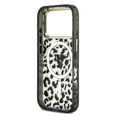 Apple iPhone 18 Pro Case Guess Original Licensed M-safe Charging Enabled Triangle Logo Glitter Leopard Pattern Cover - 10