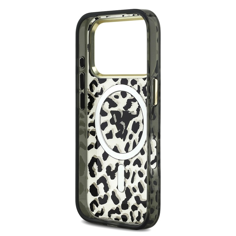 Apple iPhone 18 Pro Case Guess Original Licensed M-safe Charging Enabled Triangle Logo Glitter Leopard Pattern Cover - 10