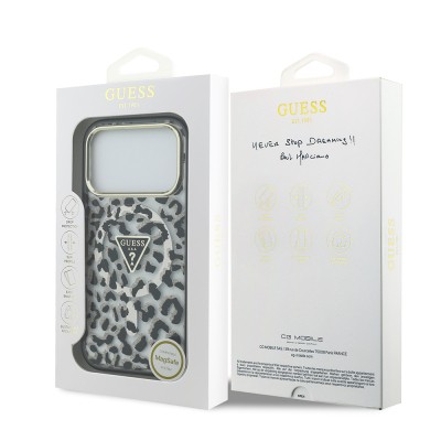 Apple iPhone 18 Pro Case Guess Original Licensed M-safe Charging Enabled Triangle Logo Glitter Leopard Pattern Cover - 11
