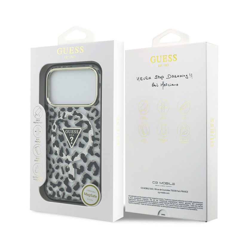 Apple iPhone 18 Pro Case Guess Original Licensed M-safe Charging Enabled Triangle Logo Glitter Leopard Pattern Cover - 11