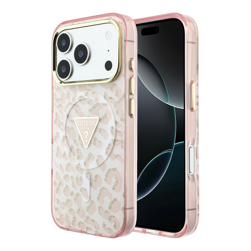 Apple iPhone 18 Pro Case Guess Original Licensed M-safe Charging Enabled Triangle Logo Glitter Leopard Pattern Cover - 2