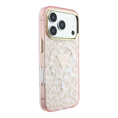Apple iPhone 18 Pro Case Guess Original Licensed M-safe Charging Enabled Triangle Logo Glitter Leopard Pattern Cover - 14