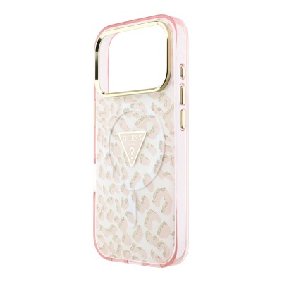 Apple iPhone 18 Pro Case Guess Original Licensed M-safe Charging Enabled Triangle Logo Glitter Leopard Pattern Cover - 16