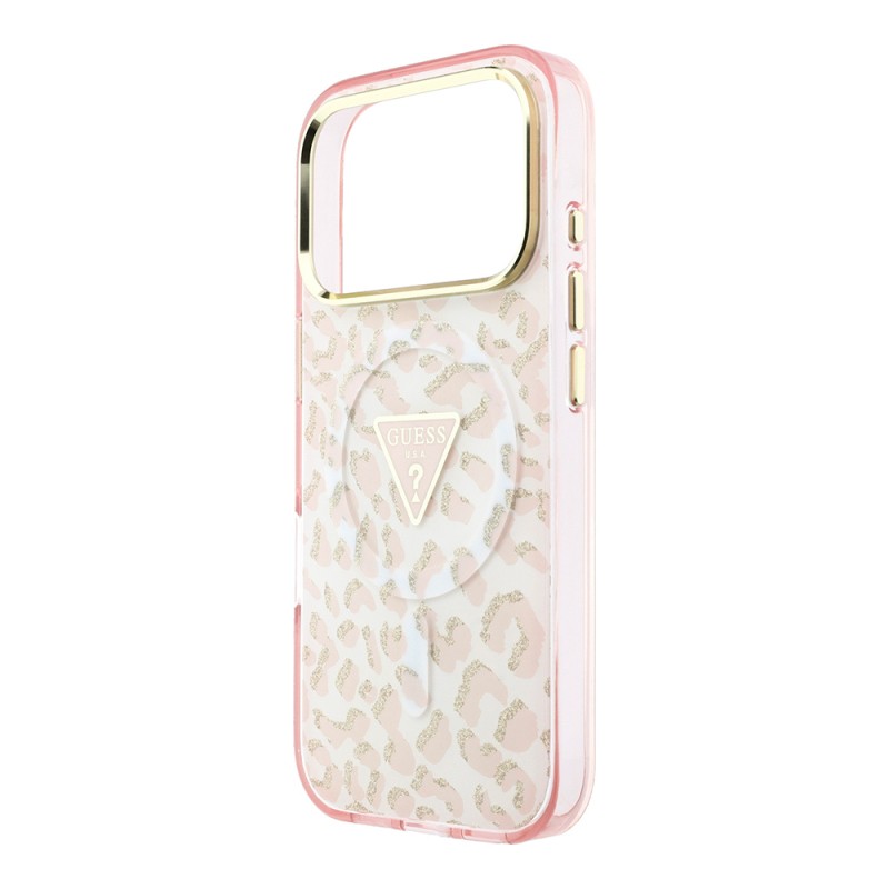 Apple iPhone 18 Pro Case Guess Original Licensed M-safe Charging Enabled Triangle Logo Glitter Leopard Pattern Cover - 16