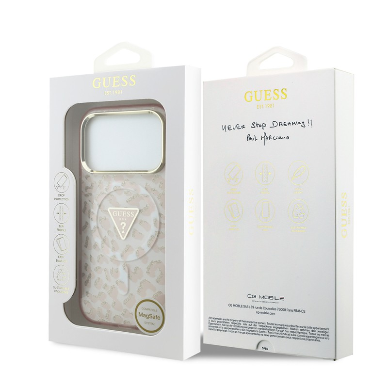 Apple iPhone 18 Pro Case Guess Original Licensed M-safe Charging Enabled Triangle Logo Glitter Leopard Pattern Cover - 18
