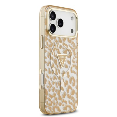 Apple iPhone 18 Pro Case Guess Original Licensed M-safe Charging Enabled Triangle Logo Glitter Leopard Pattern Cover - 21