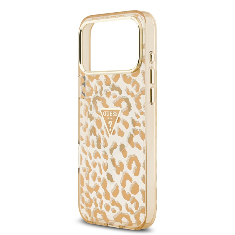 Apple iPhone 18 Pro Case Guess Original Licensed M-safe Charging Enabled Triangle Logo Glitter Leopard Pattern Cover - 23