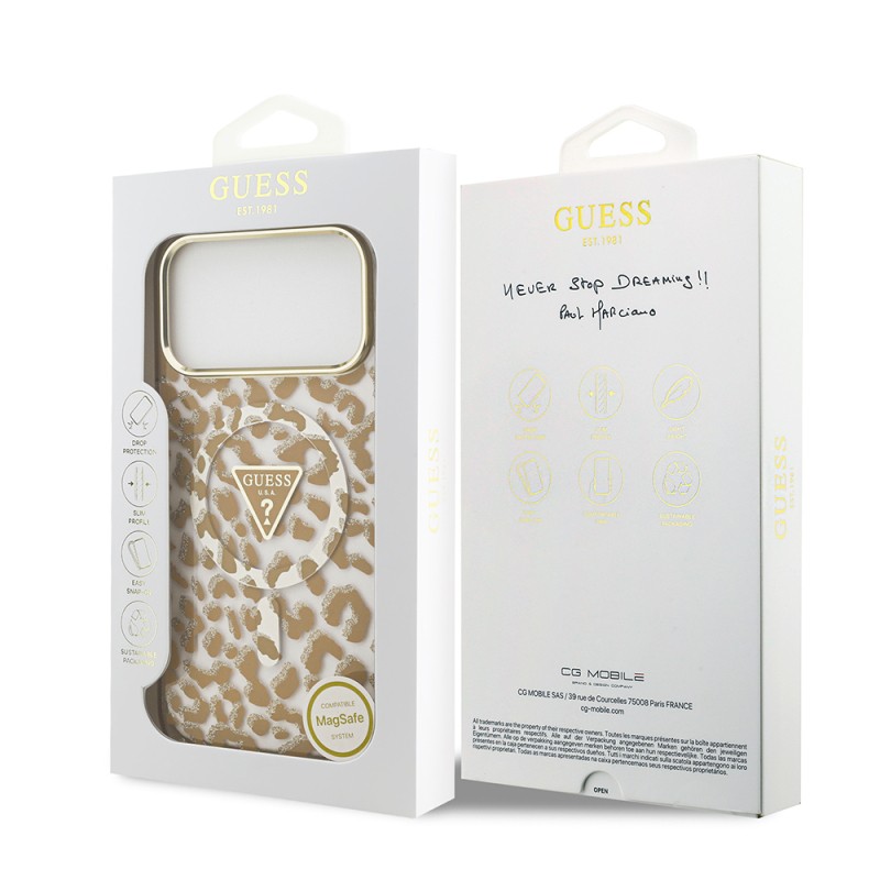 Apple iPhone 18 Pro Case Guess Original Licensed M-safe Charging Enabled Triangle Logo Glitter Leopard Pattern Cover - 25