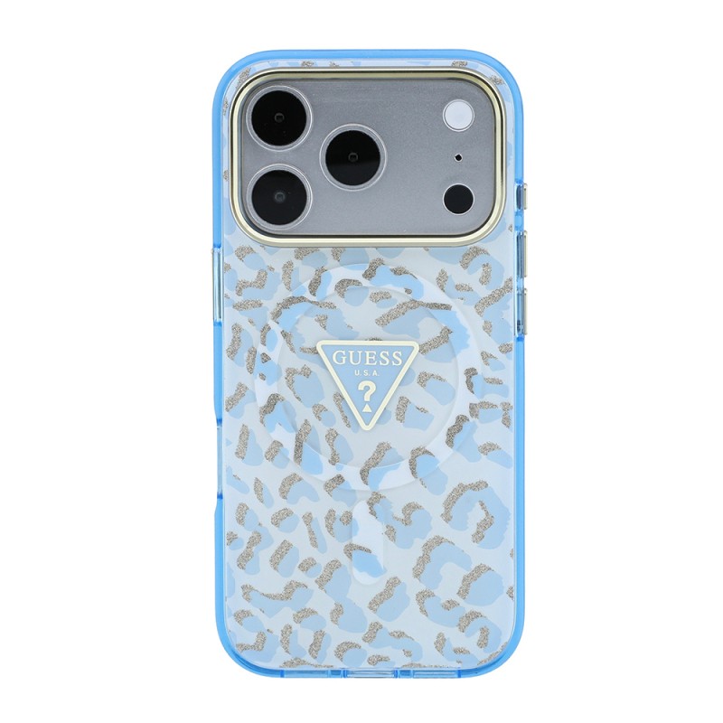 Apple iPhone 18 Pro Case Guess Original Licensed M-safe Charging Enabled Triangle Logo Glitter Leopard Pattern Cover - 27
