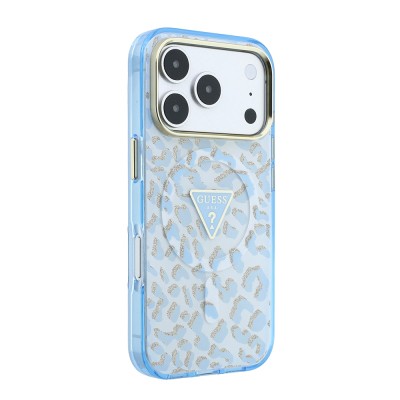 Apple iPhone 18 Pro Case Guess Original Licensed M-safe Charging Enabled Triangle Logo Glitter Leopard Pattern Cover - 28