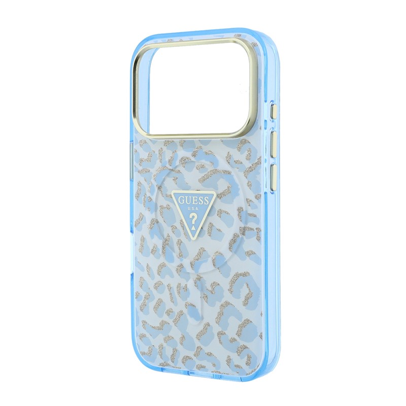 Apple iPhone 18 Pro Case Guess Original Licensed M-safe Charging Enabled Triangle Logo Glitter Leopard Pattern Cover - 30